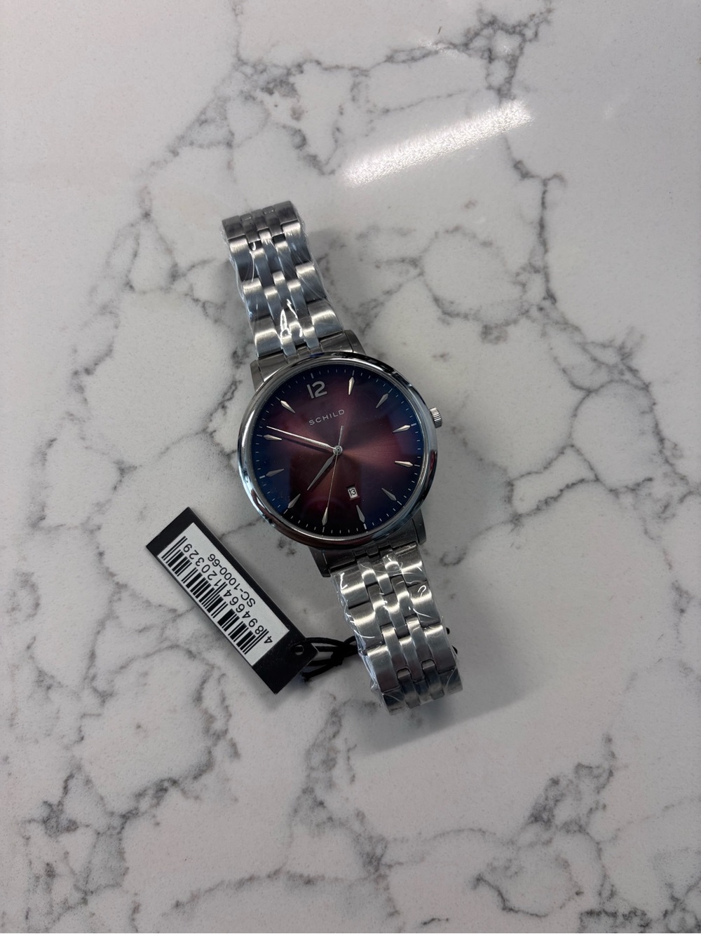 New Men's Silver Bracelet Watch with Purple Sunray Dial